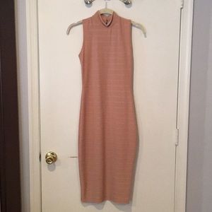 Boohoo, high neck, midi bodycon dress. Stone color